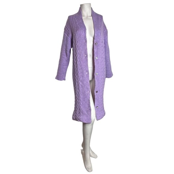 Handmade Cable Knit Midi Length Cardigan Sweater XS S Purple Button Midi Length - Picture 1 of 12